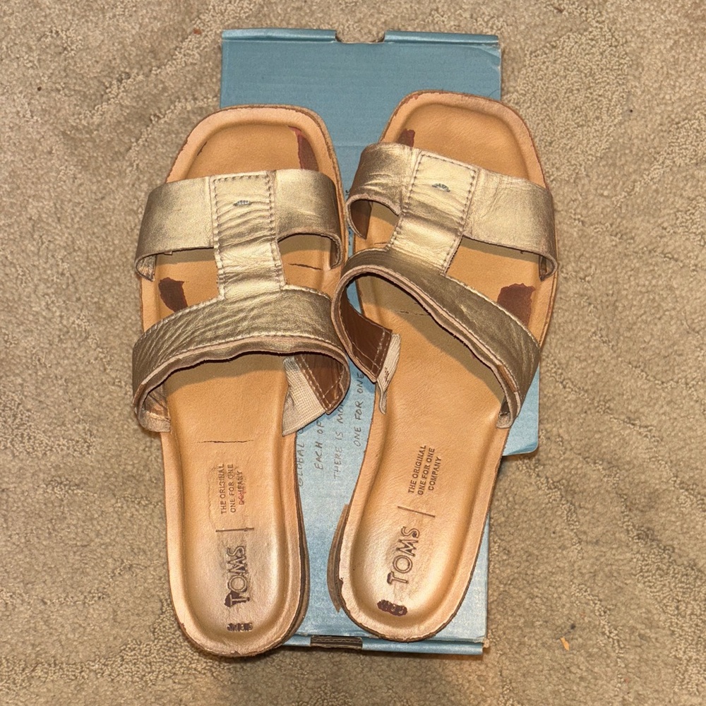 Toms Metallic Gold Leather Slide Sandals